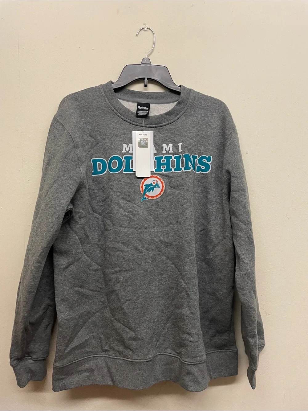 Miami Dolphins Gray Crewneck Sweatshirt with Teal & Orange Logo - Size L
